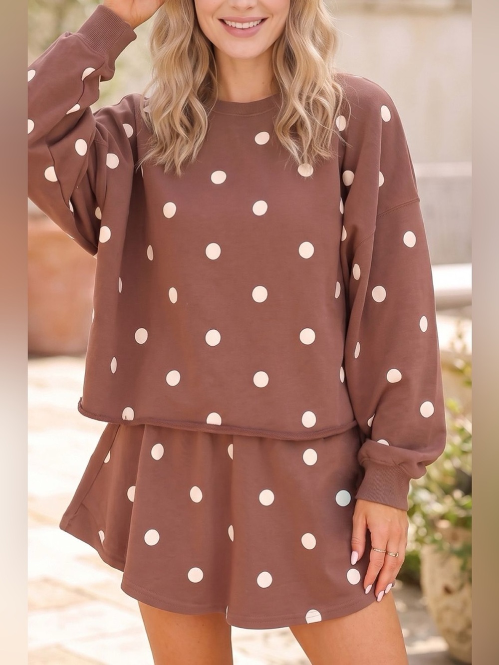 Polka Dot Raw Hem Relaxed Pullover Loose Skort Two Piece Set